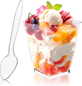 50Pack 5Oz Square Plastic Dessert Cups with Spoons, Reusable Clear Parfait Ap... - Picture 1 of 1