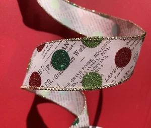 Wire Edged Holiday Red Green Polka Dots Gold Glitter Ribbon Wreath~Gift~Bow - Photo 1/1