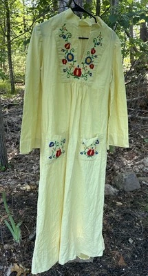 Vestido Vintage Boho Hippie Amarillo Algodón Gasa Caftán Pequeño Bordado Floral LEER Foto 1 de 4