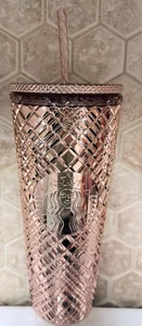NUEVO vaso Starbucks 2023 vacaciones de Navidad oro rosa con joyas 24 oz taza fría - Imagen 1 de 2