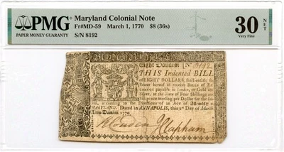 Maryland Colonial Note Fr#MD-59 March 1, 1770 $8 PMG VF-30 - Image 1 of 2