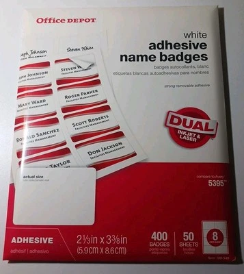 DEPÓSITO DE OFICINA Insignias Adhesivas Blancas con Nombre 2 1/3" x 3 3/8" 400 Insignias Láser de Inyección de Tinta Foto 1 de 2