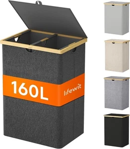 Lifewit Wäschekorb 160L Bambus - 2 Fächer, Faltbar, Deckel, abnehmbar Sack Schwa - Bild 1 von 9