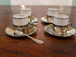 4 Porcelain Demitasse Espresso Cups Silver Plate Spoons Saucer Bellini READ - Picture 1 of 14