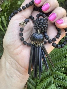 Vintage Art Deco Early Plastic Black  Beaded Tassel Necklace - Picture 1 of 7