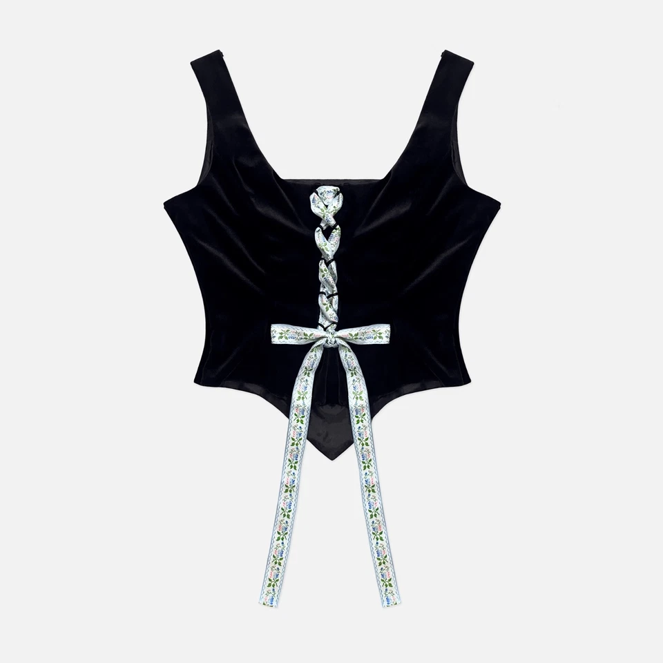 Винтажный 90-х черный бархат синий цветочный ленты шнурует вверх бюстье корсет Майка - Изображение 1 из 4
