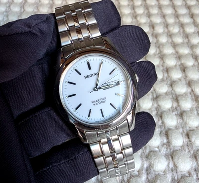Reloj de cuarzo para hombre Reguno Solar-Tech 35 mm esfera blanca pulsera tono plata Foto 1 de 4