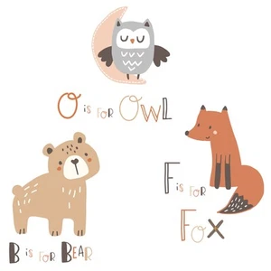 Bedtime Originals Animal Alphabet Beige/Gray Bear/Owl/Fox Woodland Wall Decals - Picture 1 of 4