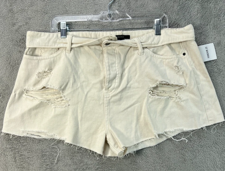 Pantalones Cortos de Jean Forever 21 34 para Mujer Marfil Tiro Alto Doblado Cintura Flecos W39 Foto 1 de 4