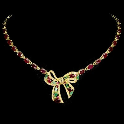 925 Sterling Silver Necklace Oval Ruby 6x4mm Emerald Gemstone Jewelry 18inches - Image 1 of 4