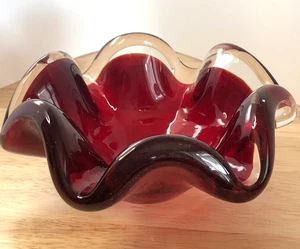 Mid Century Modern Hand Blown Glass Bowl, Clear Ruffle Edge Ruby Glass 5" Wide - Picture 1 of 9