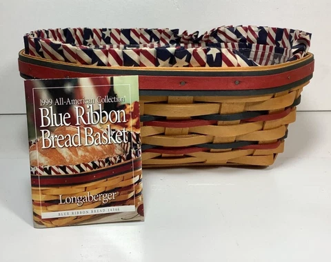 Longaberger 1999 Blue Ribbon Bread Basket 14346 with liner and plastic protector Cover
