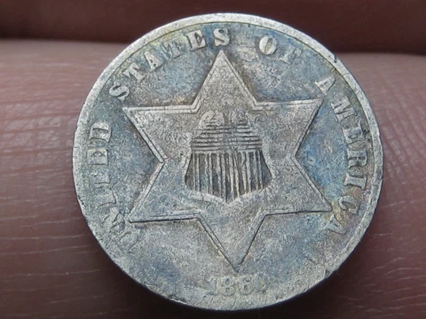 1860 Three 3 Cent Silver Piece Trime- Type 3, VG Details, Toned Cover