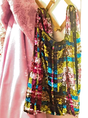 罕见复古 ASHISH 经典手工缝制亮片购物手提包,Sherbert — 第 1/4 张图片