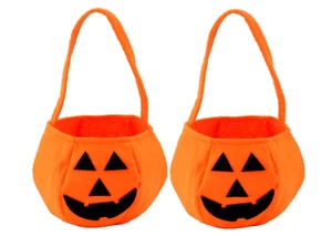 HENGKE Set of 2 Felt Halloween Pumpkin Candy Bags 8"W x 5"H - Orange/Black NWOT - Picture 1 of 7