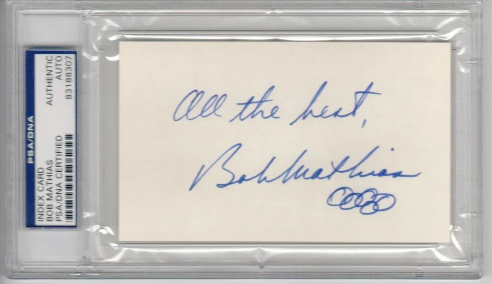 Bob Mathias Decathalon Olympic Gold Medal signed 3x5 Index Card PSA/DNA Slabbed - Image 1 of 1