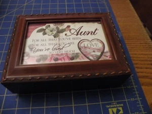 AUNT Rich Walnut Finish COTTAGE GARDEN Jewelry Music Box Plays Amazing Grace TAG - Picture 1 of 4