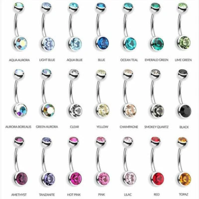 20PC 50PC 10PC ASSORTED COLOR DOUBLE GEM STEEL BARBELL NAVEL BELLY BUTTON RING 2