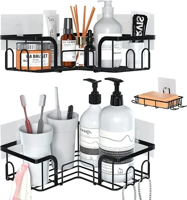 ESTEFANLO Yazoni Shower Caddy Corner 2 Pack No Drill Black Shelf with Soap Holder