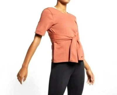 NIKE YOGA STUDIO WOMENS SHORT SLEEVE TRAINING WRAP TOP Size Large Salmon - Image 1 of 4