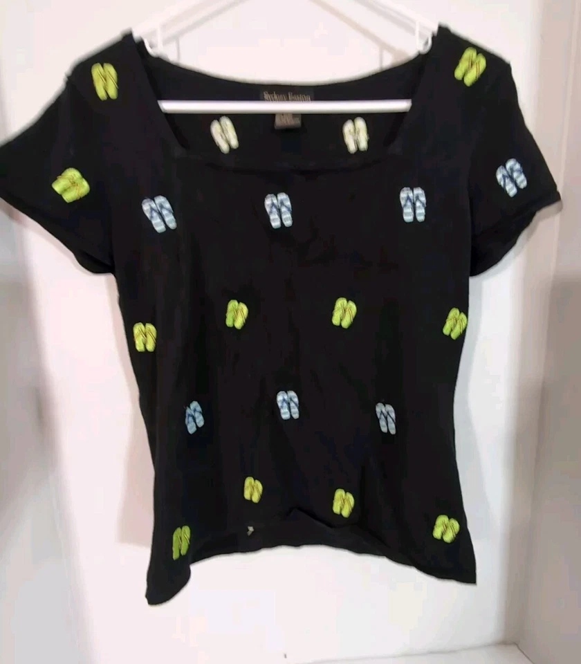 Sydney Easton Black Top, Square Neck,Flip Flop Print Size Large - Image 1 of 4