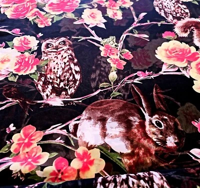 Wild Animal Owl Chiffon Apparel Fabric Wood Floral Bunny  Black By the Yard   - Image 1 of 4