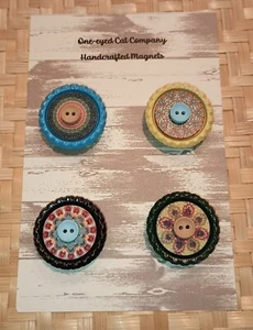 Handcrafted Magnet Set Of 4 Wooden Button Colorful Bottle Cap  - Picture 1 of 2
