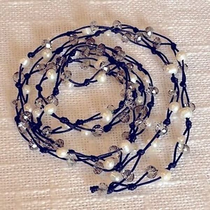 Perla de agua dulce natural vidrio redondo cordón tejido capa extra larga infinito - Imagen 1 de 8