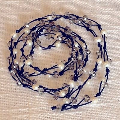 Perla de agua dulce natural vidrio redondo cordón tejido capa extra larga infinito Foto 1 de 4