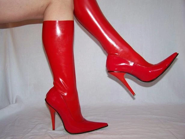 BOLINGIER-POLAND FASHION- STYLE Latex Knie Stiefel gegossen rot 36 37 38 39 40 41 42 43 44 45 46 47 *401