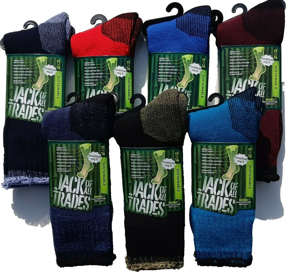 3 Pairs Sz 11-14 Black JACK of All Trades Bamboo Reinforced Work Socks