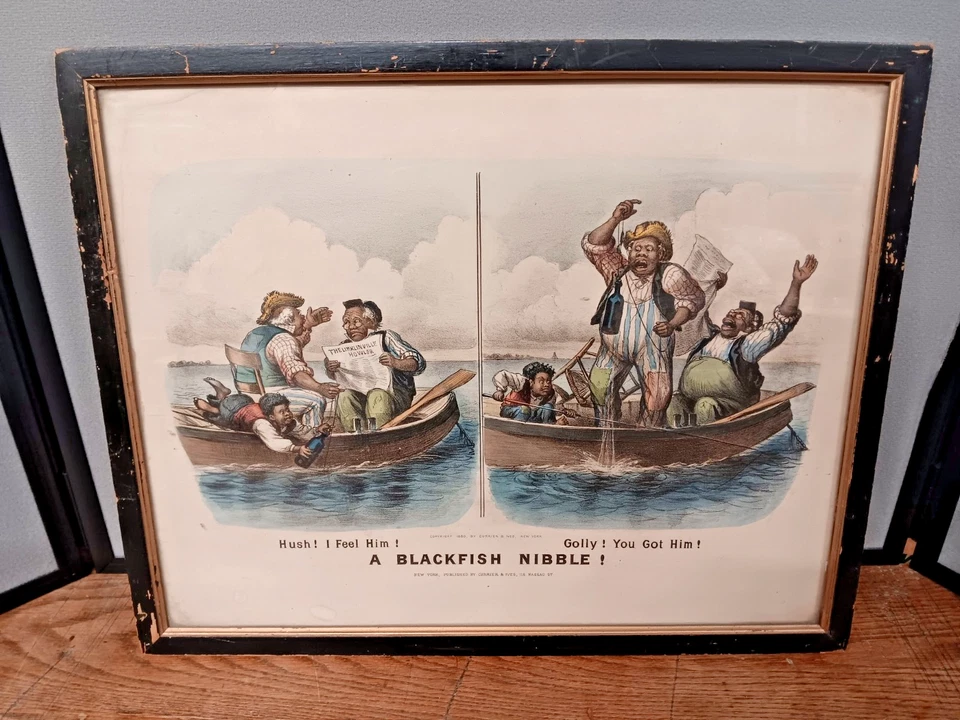 LITOGRAFÍA ORIGINAL 1880 CURRIER AND IVES A BLACKFISH NIBBLE FISHING BLACK AMERICANA Foto 1 de 4