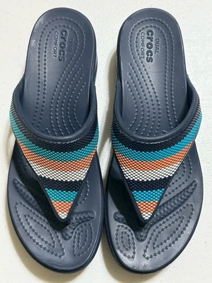 Crocs Monterey Sandals Women's Size 9 Navy Blue Striped Wedge Flip Flops Comfort - Image 1 of 4