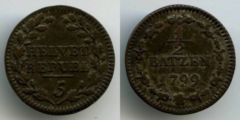 Beautiful Rare 1799 Billon Coin Half Batzen Swiss Republic Helvet Republ 5 VF++ - Image 1 of 1