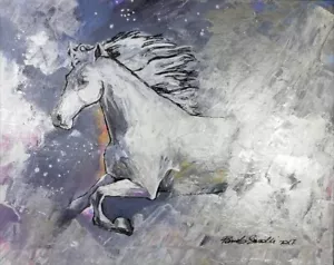 ritratto cavallo che corre tra le nuvole bianco argento acrilico tela piccola - Foto 1 di 1
