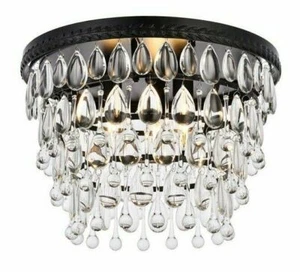 Living or Dining Room Crystal Drop Flush Mount Light Black Bedroom Lighting 15in - Picture 1 of 8