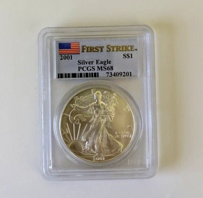 2001 PCGS MS68 FIRST STRIKE American Silver Eagle $1 MS 68 - Image 1 of 2