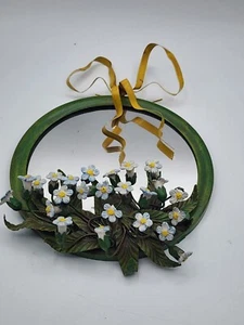 RARE Vtg Dresden Petites Choses Floral Mirror & Bow-6" Toleware - Picture 1 of 8