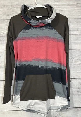 LulaRoe 连帽套衫棕色粉红色灰色长袖袋鼠口袋弹力 S — 第 1/4 张图片