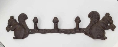 "Ardillas rústicas de hierro fundido de colección sobre roble 18,75"" para colgar abrigo/toalla/llavero montado en la pared" Foto 1 de 4