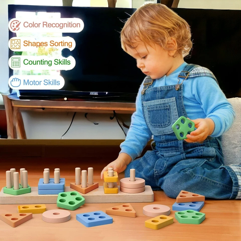 BARYA Montessori Baby Kind Lern Spielzeug Holz 20 Tlg Motorik Steckspielzeug