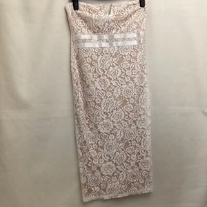 Pink Boutique Nude & White Lace Bandeau Bodycon Midi Dress Size 12 - Picture 1 of 8