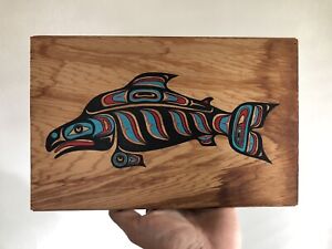 Vintage Haida Pacific Northwest Coast Salmon Painted Cedar Wood Art
