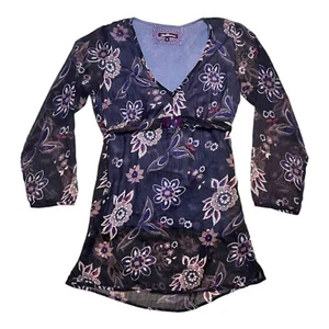 JOE BROWNS Long Tunic Top 10 Purple Floral Tie Black Floaty Sequin Sheer Lined - Picture 1 of 4