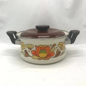 Vintage 70s Sanko Ware Pot w/ Lid Enamel Porcelain Steel Japan Country Flowers - Picture 1 of 13