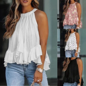 Boho Ladies Holiday Floral Blouse Shirt Summer Beach Sleeveless Casual Tops Tank - Picture 1 of 12