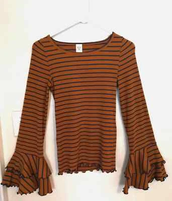 We The Free People 女式衬衫 S 棕色蓝色条纹衬衫上衣长袖波西米亚 — 第 1/4 张图片