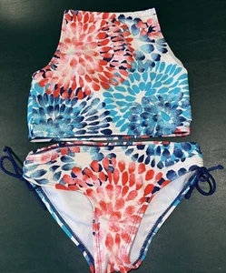 Kanu Surf Girls' Daisy Sport Halter Tankini 2-Piece Swimsuit Red/White/Blue 10 - Picture 1 of 6