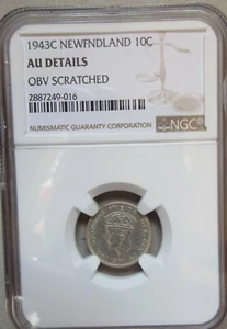 1943 Canada Newfoundland Silver Ten Cents Coin. NGC AU Detail Dime 10 Cents 10c - Picture 1 of 7