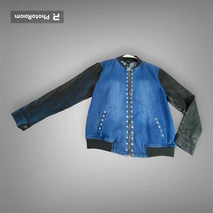Ashley Stewart Women's 12 Bomber Jacket Denim Zip Up Faux Leather Arms Studded - Picture 1 of 8
